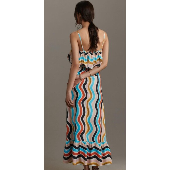 Farm Rio Anthropologie Maxi Dress Ruffle Blue Stripe Cotton Preppy Boho Sz M NWT - Picture 3 of 13